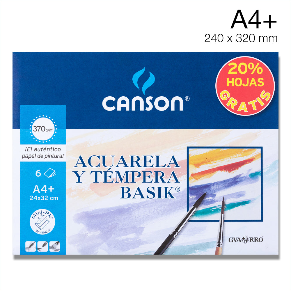 CANSON Basik Papel Acuarela 370g/Carpeta x6 Hojas/ Medidas A4+(24 x 32 –  LIMÓN ARTES