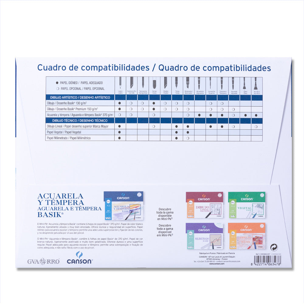 Papier Aquarelle Canson Basik 370g/ Paquet de 6 feuilles Din A4+ (24 x 32cm)