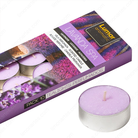 Caja de 10 velas tealight perfumadas aroma lavanda spa de la marca Lumar