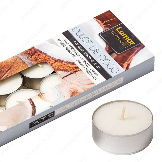 Caja de 10 velas tealight perfumadas aroma dulce de coco de la marca Lumar