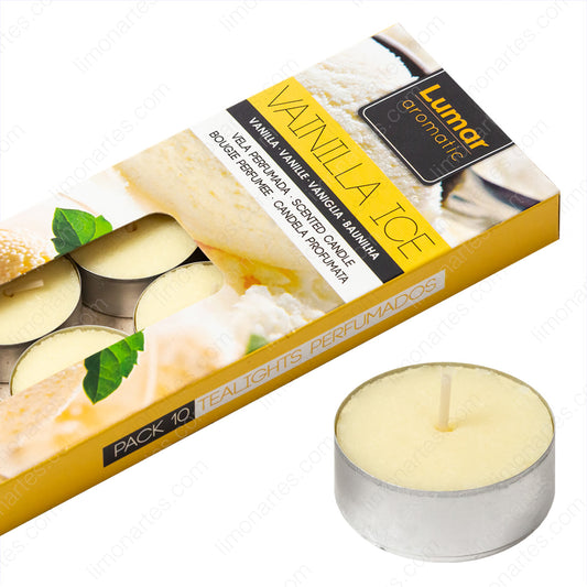 Caja de 10 velas tealight perfumadas aroma vainilla cream de la marca Lumar