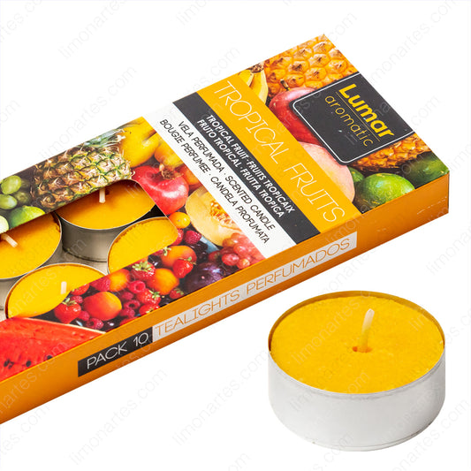 Caja de 10 velas tealight perfumadas aroma tropical fruits de la marca Lumar