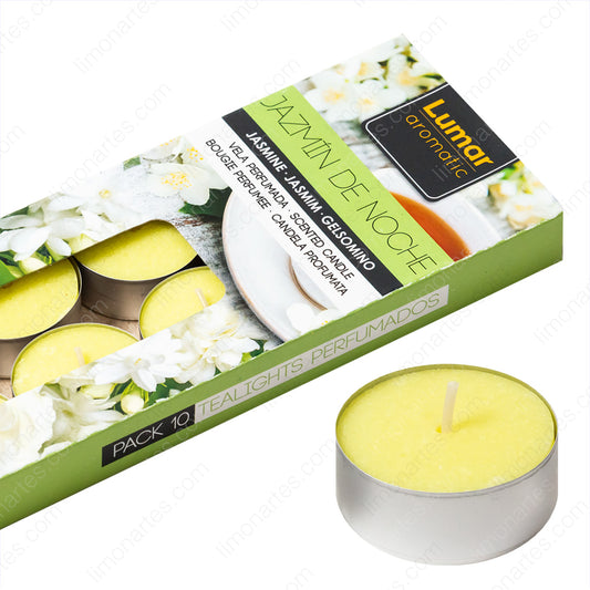 Caja de 10 velas tealight perfumadas aroma jazmín de noche de la marca Lumar