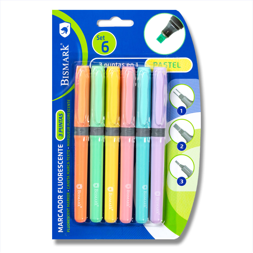 Set 6 marcadores fluorescentes pastel 3 puntas en 1 subrayador escolar oficina Bismark