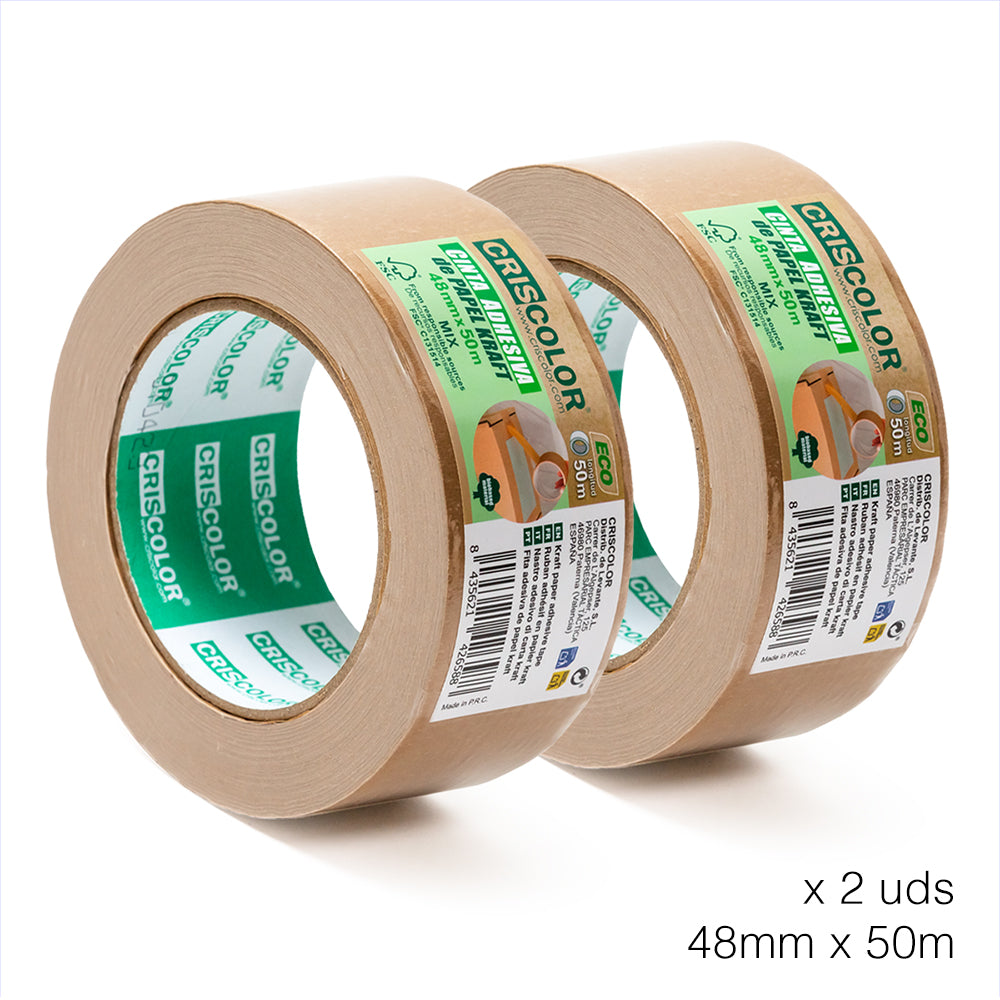 Pack de 2 rouleaux CRISCOLOR ECO Ruban d'emballage Marron 48 mm x 50 m/ Kraft Inscriptible/ Pour peinture photo sur carton