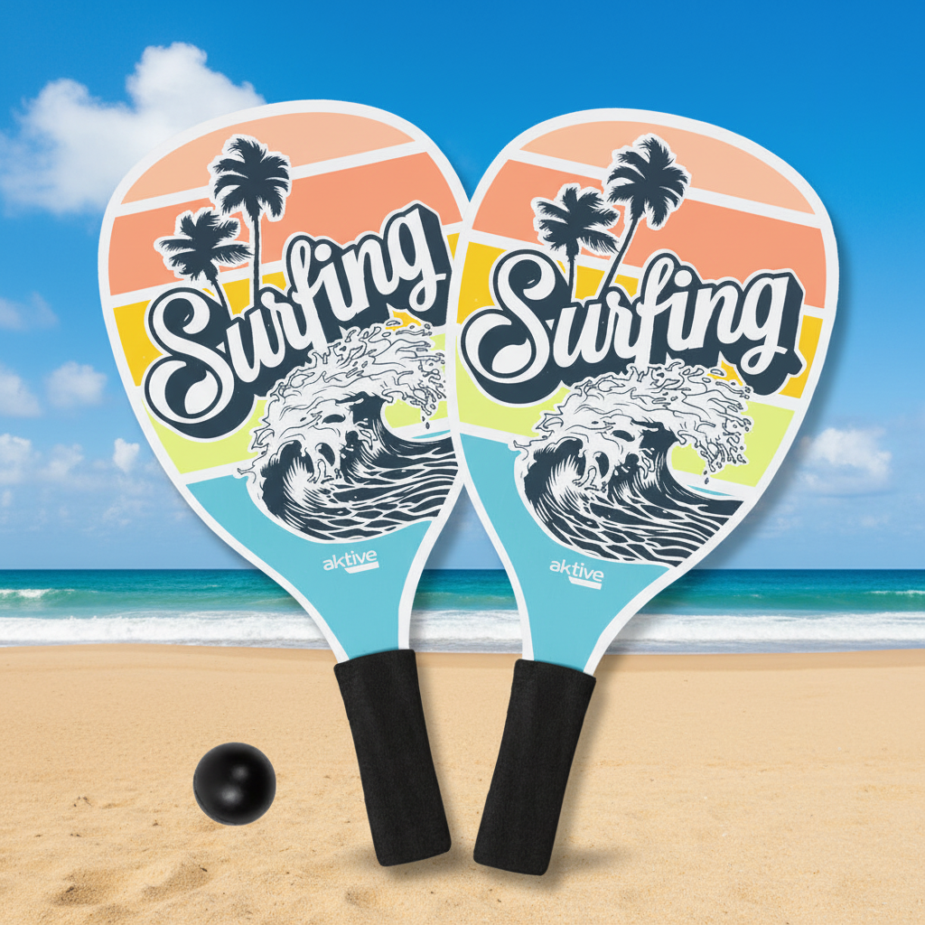 Lot de 2 pagaies de plage en bois Aktive avec ballon/ Surf 40x20cm