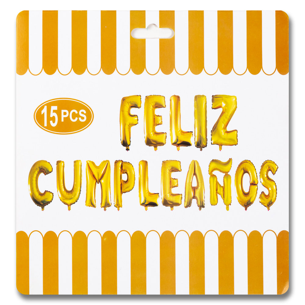 Set Globos Letras Feliz Cumpleaños 15 pcs – Oro o Plata 40cm