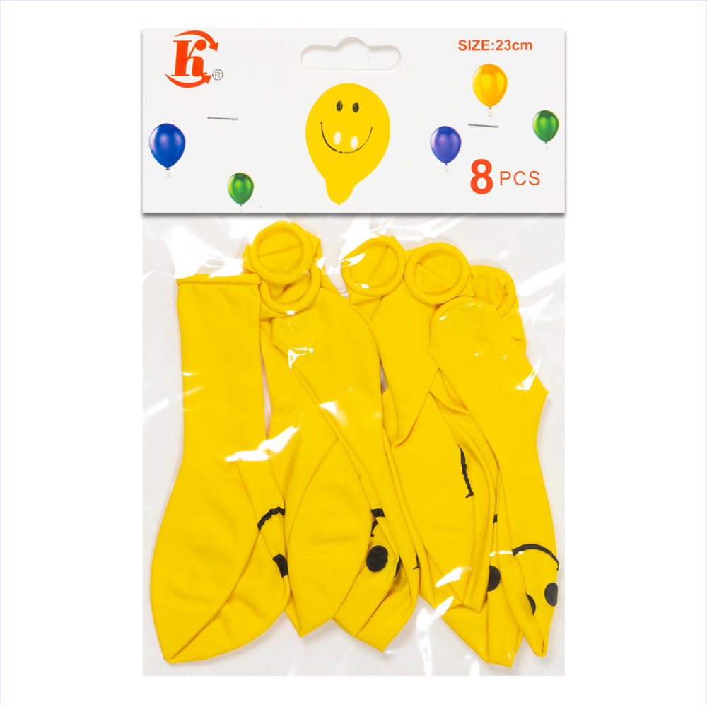 8 ballons jaunes avec visages souriants/diamètre 23 cm
