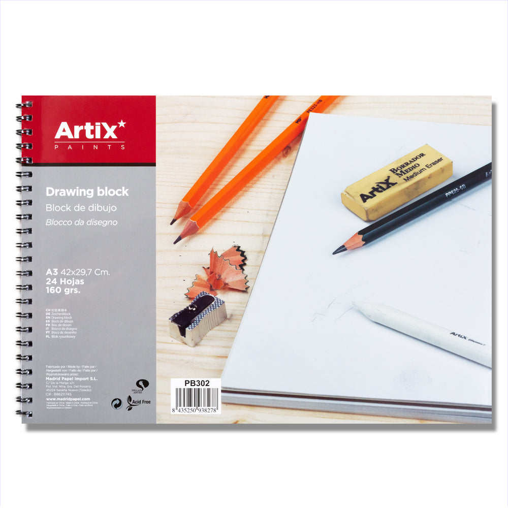 Bloc à dessin Artix/ A3, 24 feuilles, 160 gr/ Bloc à croquis avec spirale/ Idéal pour dessiner au fusain, crayon, marqueur, cires ou peintures