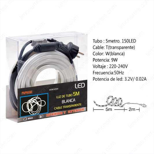 Tube lumineux 5m, Blanc, Câble transparent, Intérieur et extérieur, Festival, Anniversaire, Noël