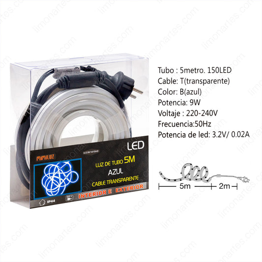 Tube lumineux 5m, Bleu, Câble transparent, Intérieur et extérieur, Festival, Anniversaire, Noël