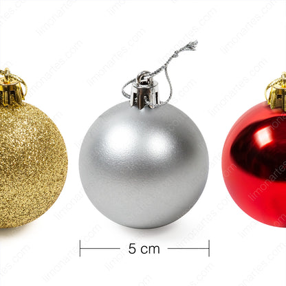 Lot de 16 boules de Noël 5cm/rouge, argent, doré/ 3 textures, miroir, mat, paillettes/ Festival/Anniversaire/Cadeau/Noël