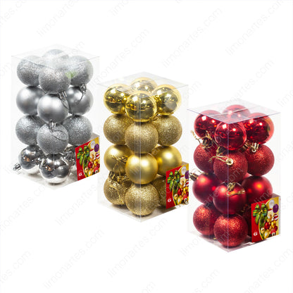 Lot de 16 boules de Noël 5cm/rouge, argent, doré/ 3 textures, miroir, mat, paillettes/ Festival/Anniversaire/Cadeau/Noël