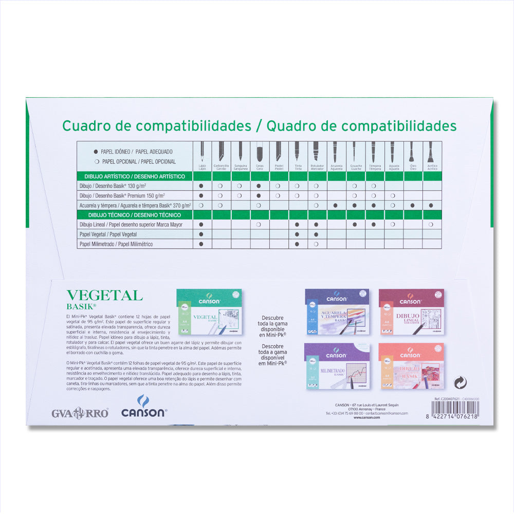 Canson Minipack Vegetal Basik 95g 12 hojas A4 (21x29,7cm)