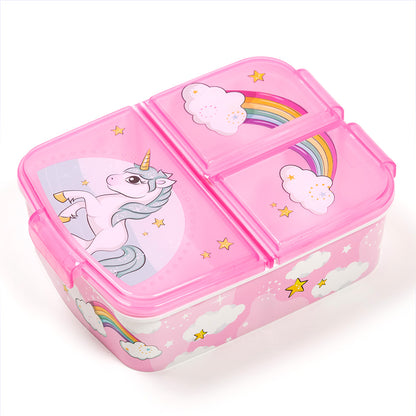 Stor Sandwichera múltiple Unicorn Rainbow/ 300 ml con 3 Compartimentos/ Libre de BPA/ Fiambrera niños/Escuela/Guardería