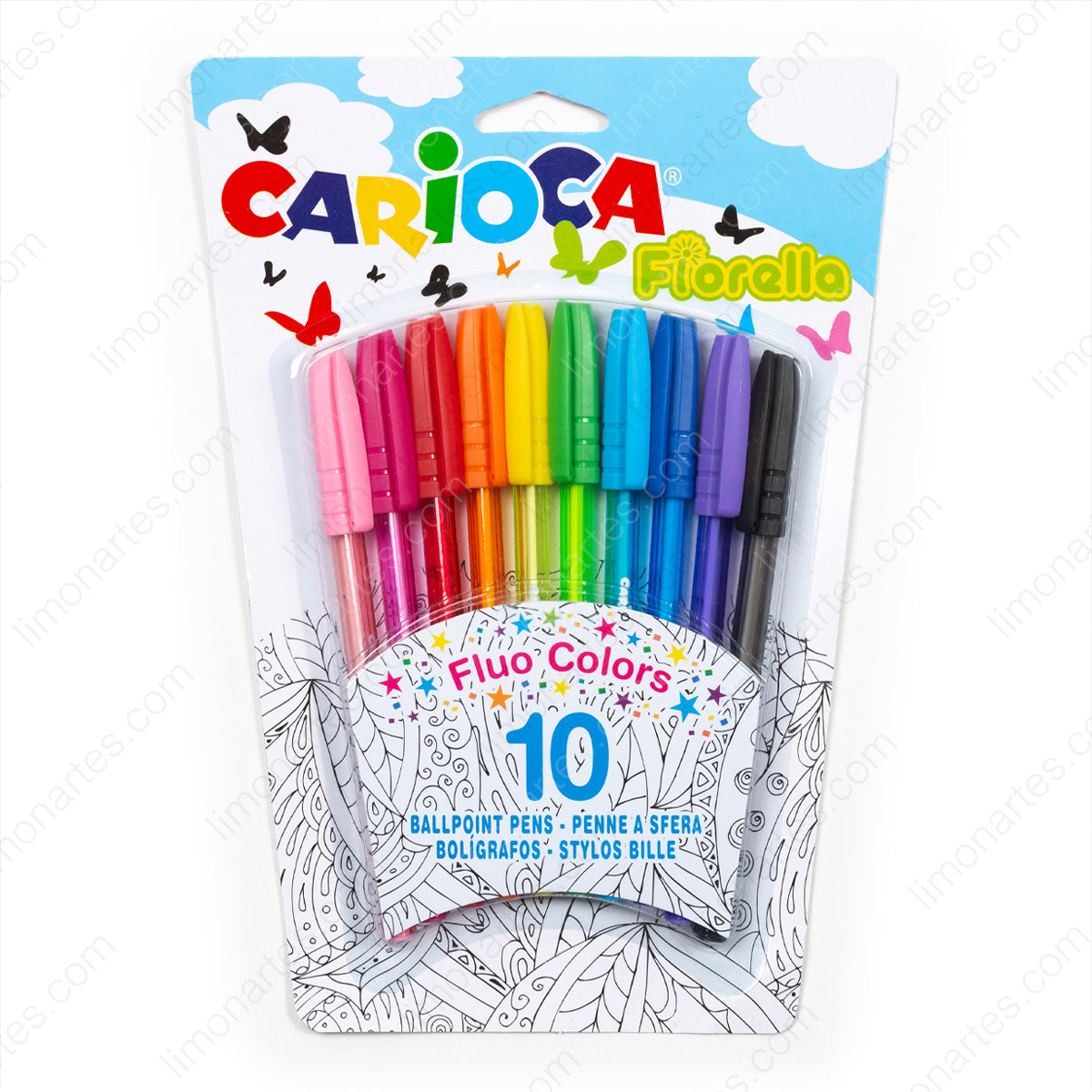 Carioca Fiorella Bolígrafos de tinta fluorescente/10 bolígrafos de colores/ Punta 1 mm - LIMÓN ARTES