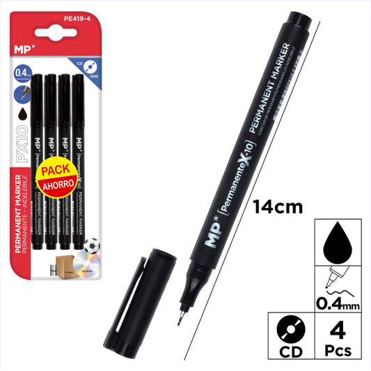 Pack de 4 Marcador CD Punta Fina Negro 0,4 mm/ Óptimo para Uso Pintar, Escolar, Hogar y Oficina/ MP-PE419-4