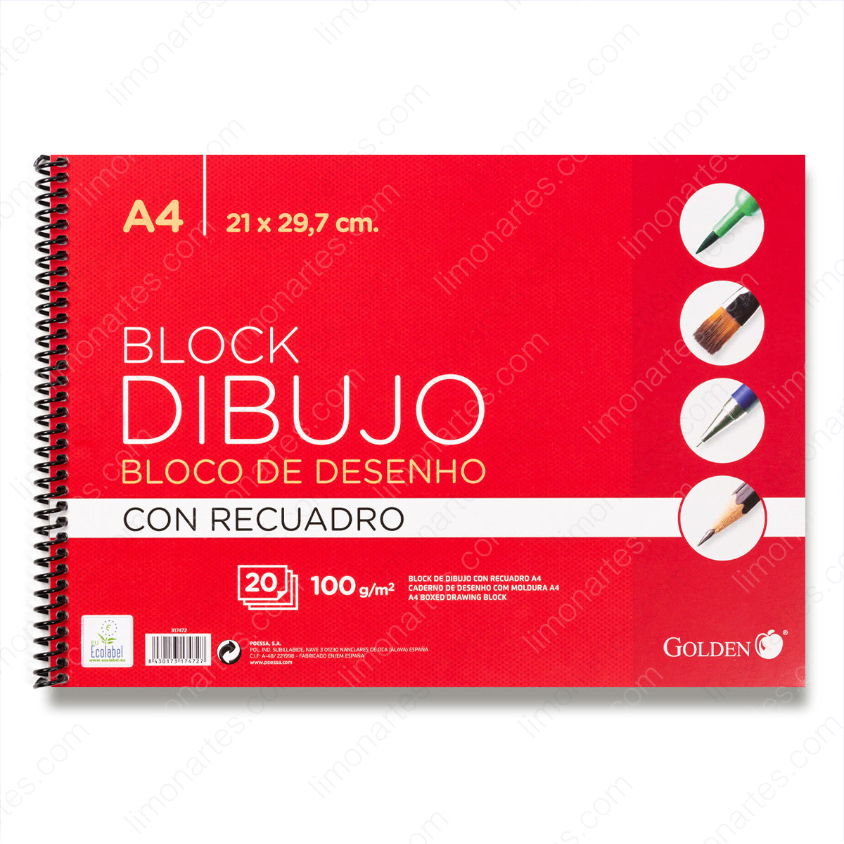 Cuaderno de dibujo/Block dibujo/Con recuadro/A4,29,7x21cm/20 hojas,100 gr/Golden-174727