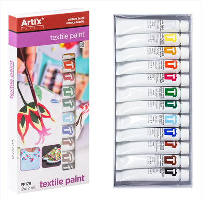 Artix Textile Paint Set/ 12 ml x 12 colors/ Suitable for clothing, T-shirts, Sneakers, Jeans, etc., painting