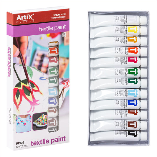 Artix Set Pintura Textil/ 12 ml x 12 colores/ Adecuado para ropa,Camisetas,Zapatillas,Vaqueros,etc.,pintura