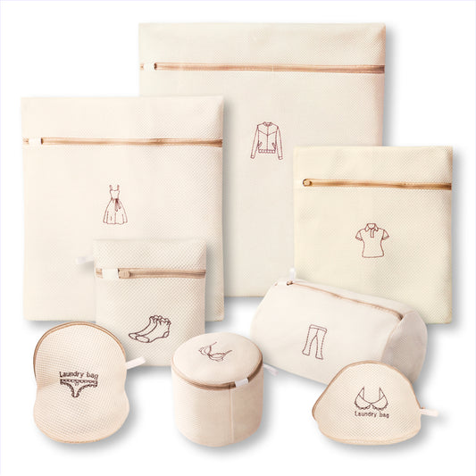 Set 8 pièces Sac à linge beige avec broderie