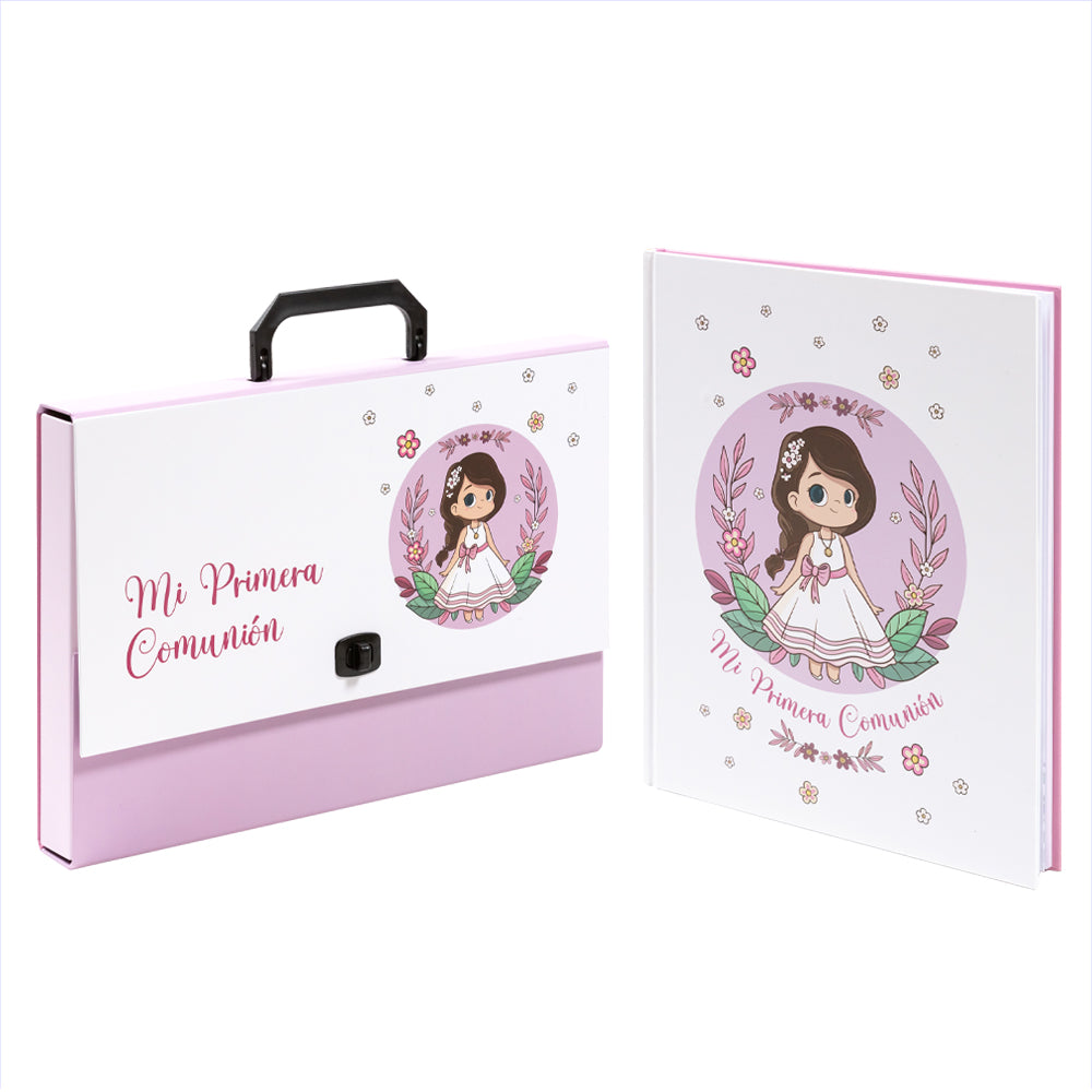 Coffret mallette fille première communion + cahier de pense-bête