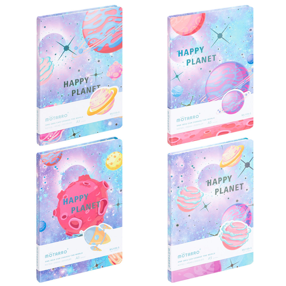 Cuaderno Bloc de notas 80gr 100hojas A5 Happy planet Pack de 4 patrones