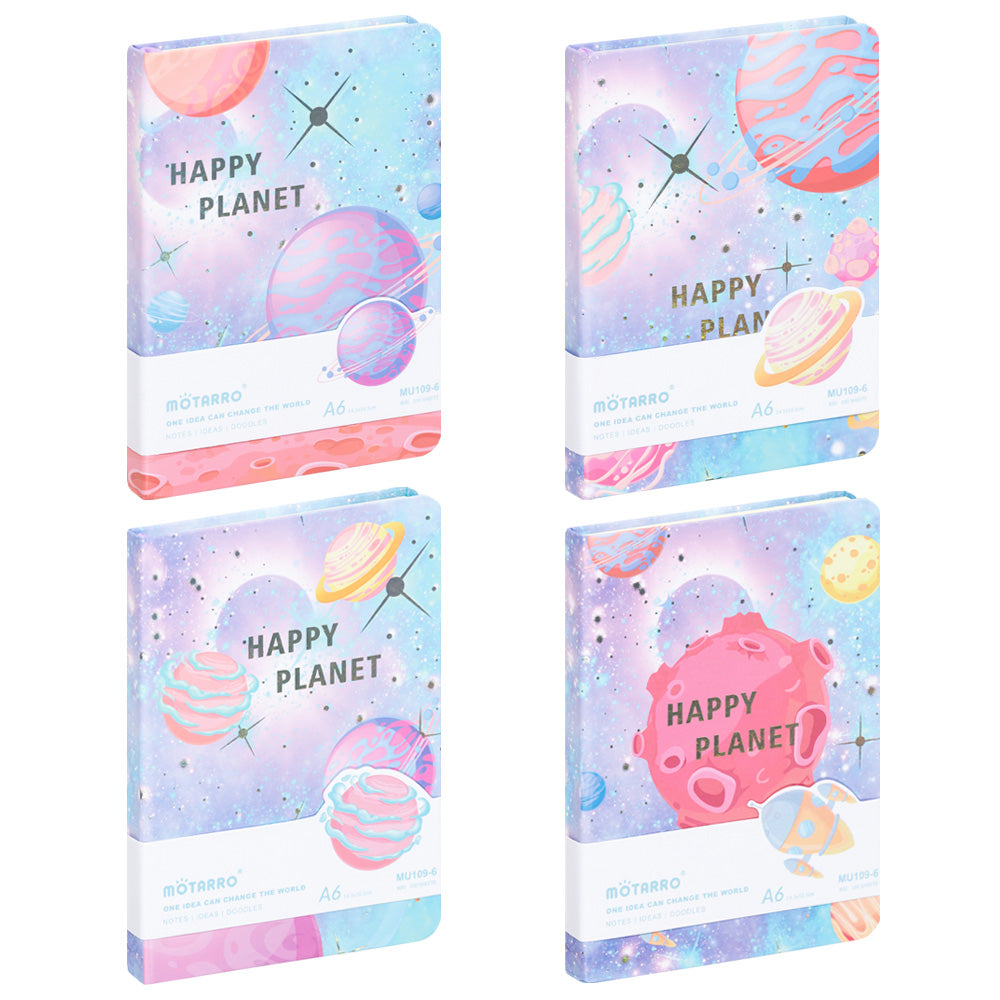 Cuaderno Bloc de notas 80gr 100hojas A6 Happy planet Pack de 4 patrones