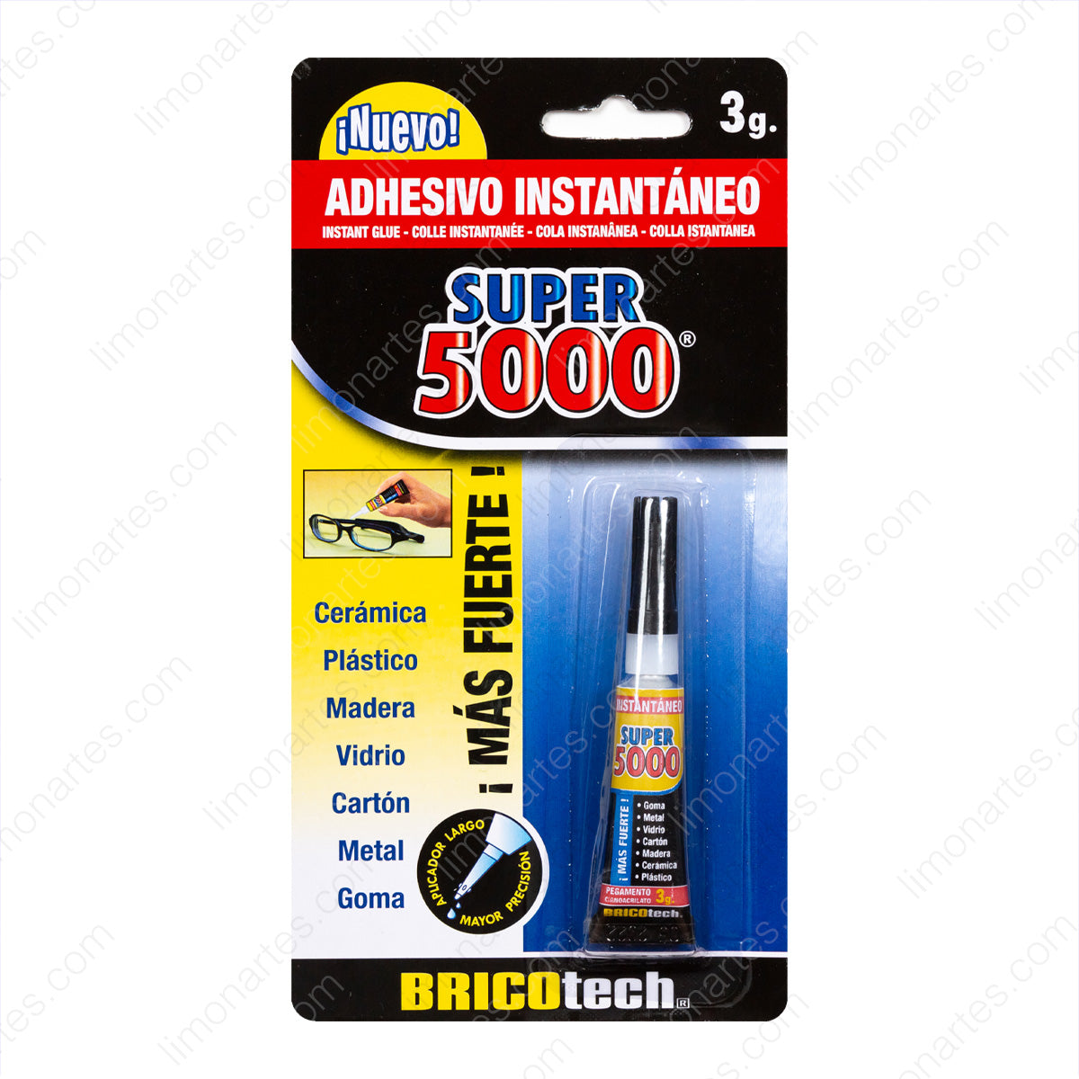 Adhesivo instantáneo/Super 5000 Pegamento Fuerte 3g / Cerámica,Plástico,Madera,Cartón,Metal…/Bricotech - LIMÓN ARTES