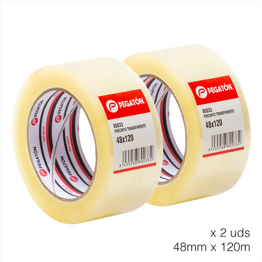 Pack de 2 rollos PEGATÓN-Cinta Embalar 48 mm x 120 m/ Adhesiva Transparente/ Para Cajas y Paquetes/ Ideal para Envíos y Mudanzas