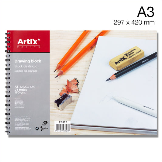 Artix Drawing Pad/ A3, 24 Sheets, 160 gr/ Sketch Pad with Spiral/ Ideal for Drawing with Charcoal, Pencil, Marker, Waxes or Paints